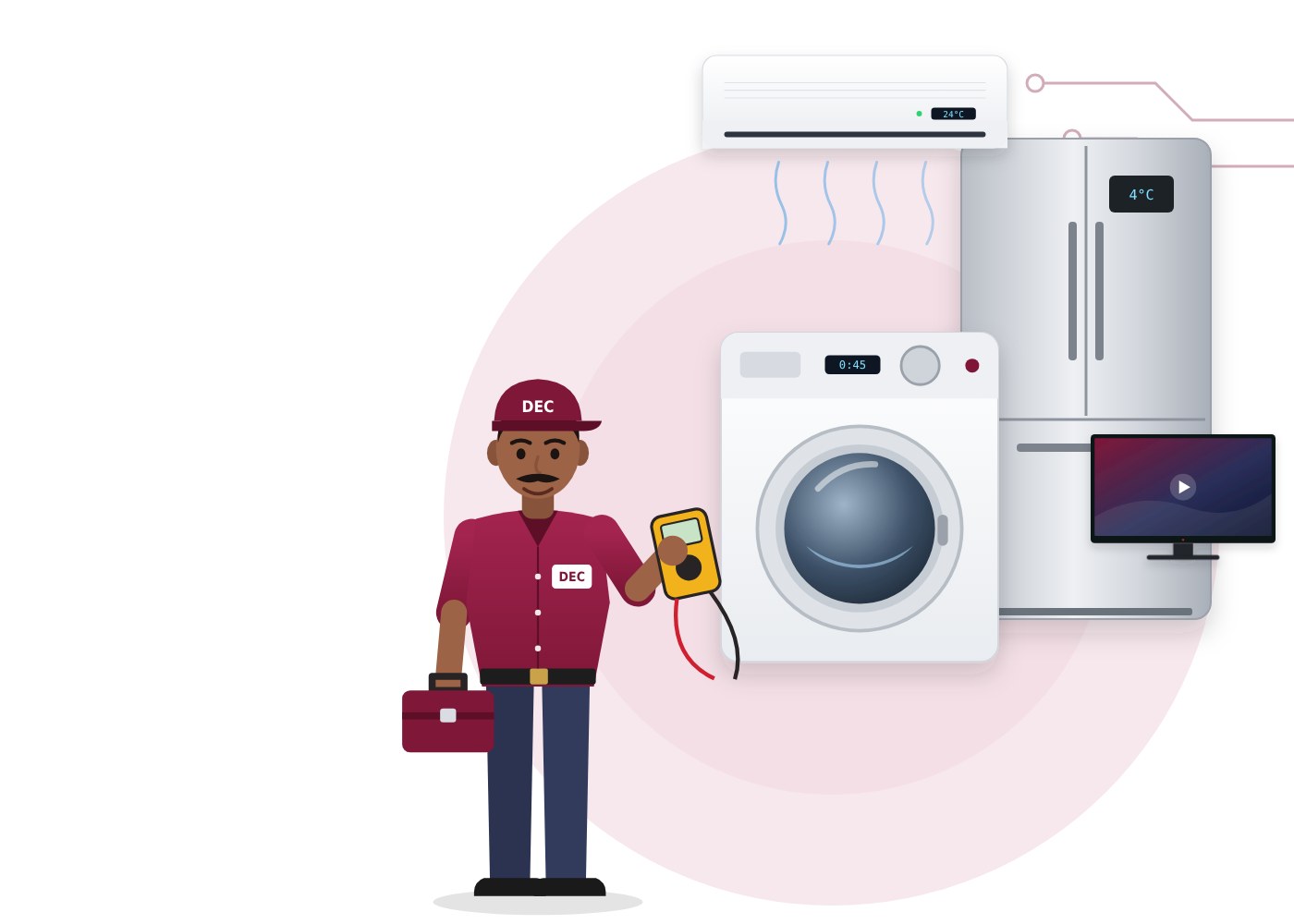 Dzire Electronic Care technician with AC, refrigerator, washing machine and TV